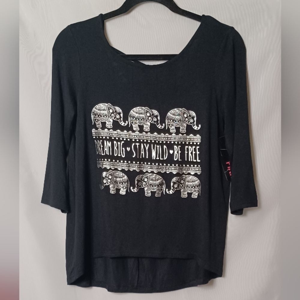 Electric Pink Black Top With Silver Grahic and Elephant Prints. Size S